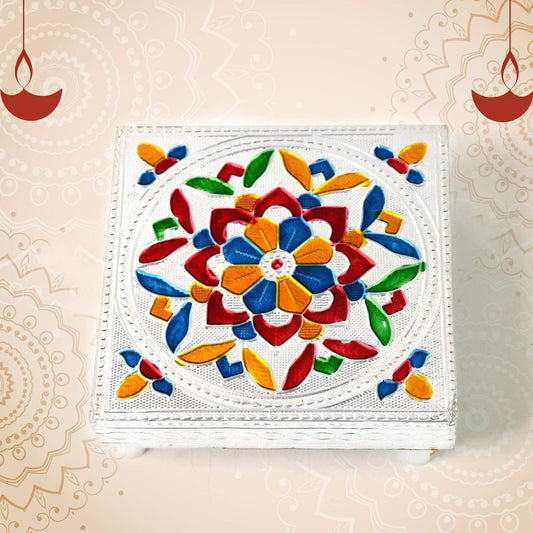 1 Pc Meenakari Wooden Chowki & Bajot Set: For Home & Office Puja (Multicolor) - infinityexculsivestore.com
