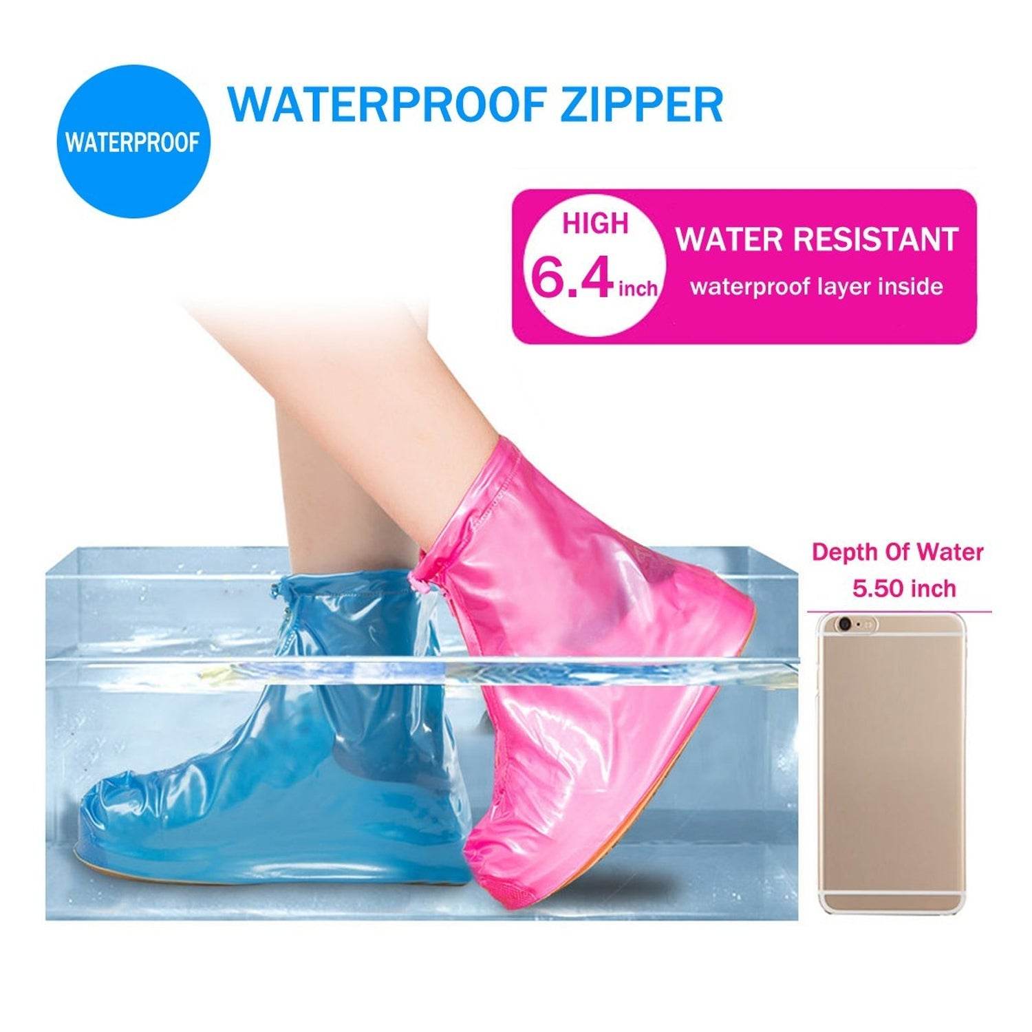 4541 Plastic Shoes Cover Reusable Anti-Slip Boots Zippered Overshoes Covers Pink, Transparent Waterproof Snow Rain Boots for Kids/Adult Shoes, for Rainy Season (XL Size1 Pairs) - infinityexculsivestore.com