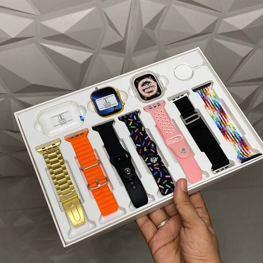 10 in1 Set Ultra 2 Smart Bluetooth Calling Smartwatch + Earphones with Transparent Screen Guard Watch with Seven Classic Straps (Mix Color) - infinityexculsivestore.com