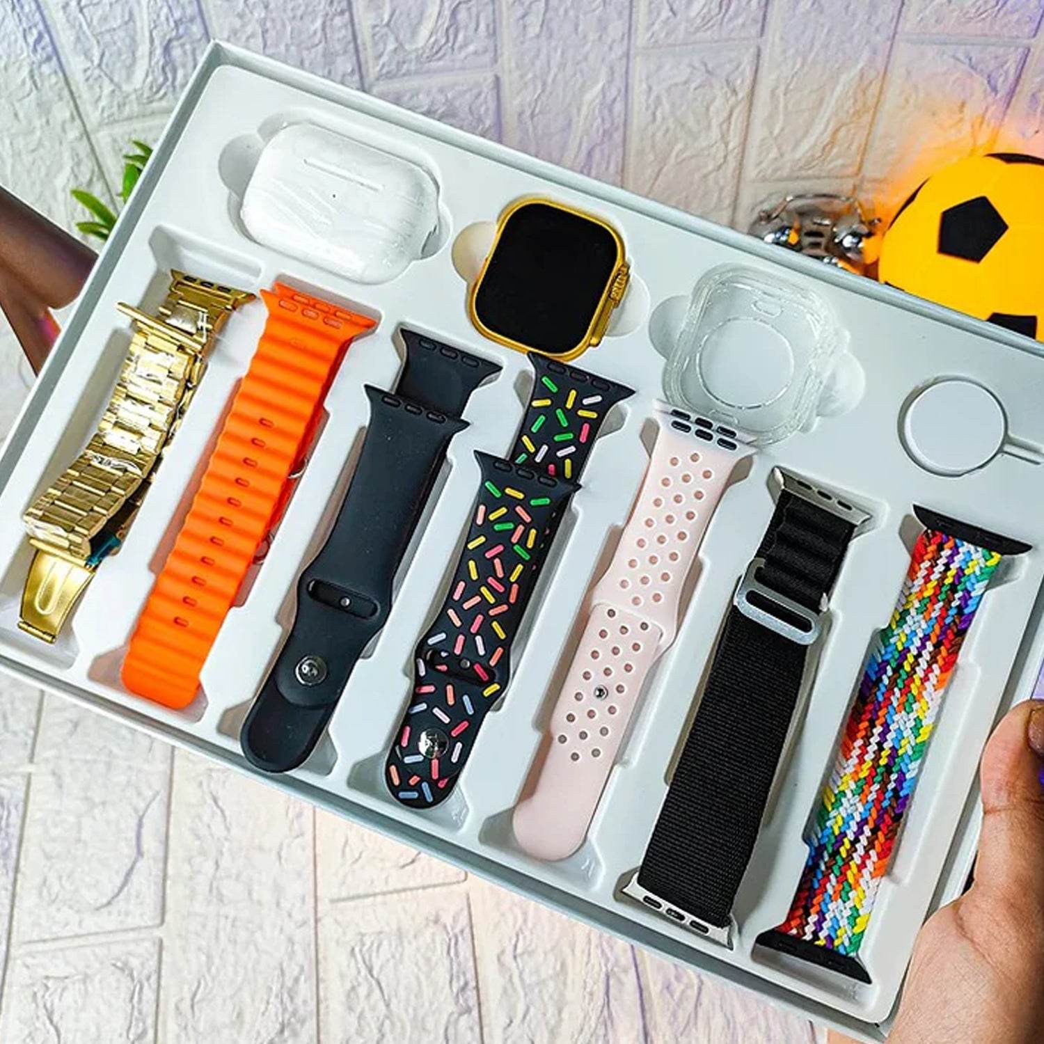 10 in1 Set Ultra 2 Smart Bluetooth Calling Smartwatch + Earphones with Transparent Screen Guard Watch with Seven Classic Straps (Mix Color) - infinityexculsivestore.com