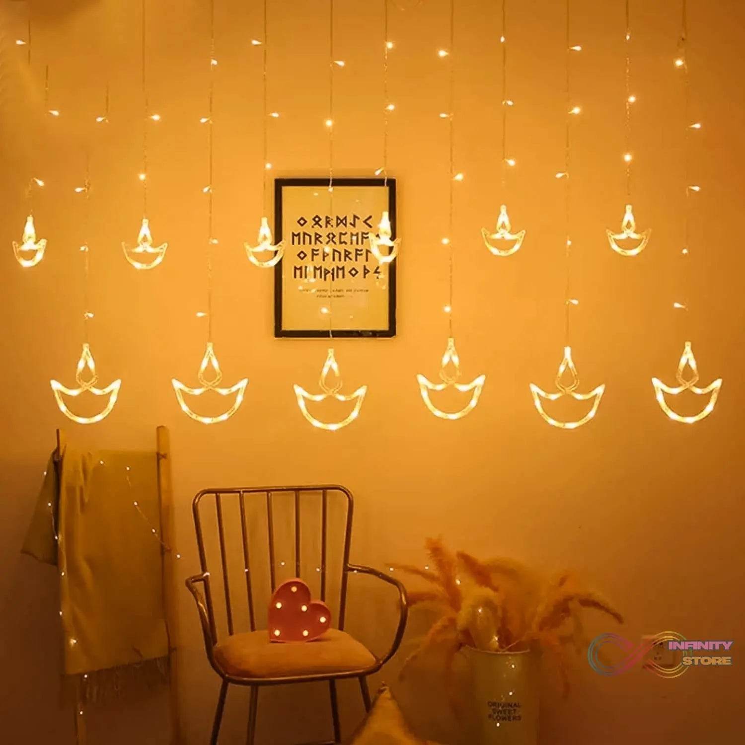 12 Diya Curtain String Lights, Window Curtain Lights with 8 Flashing Modes Decoration Light (White Color) - infinityexculsivestore.com