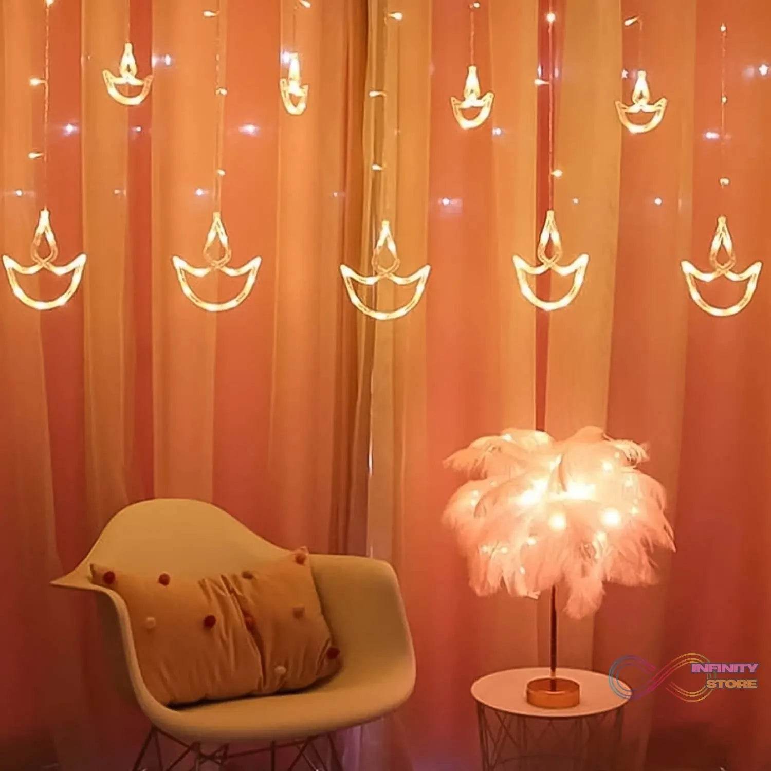 12 Diya Curtain String Lights, Window Curtain Lights with 8 Flashing Modes Decoration Light (White Color) - infinityexculsivestore.com