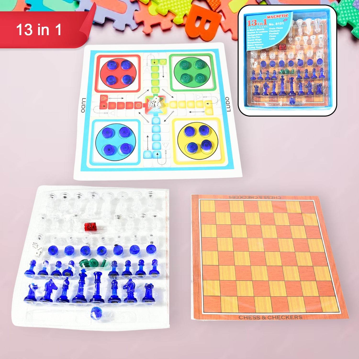 13 in 1 Family Board Game Chess, Snakes & Ladders, Ludo, Tic-Tac-Toe, Checkers, Travel Bingo, Football, Space Venture, Steeplechase Set for Kids - infinityexculsivestore.com