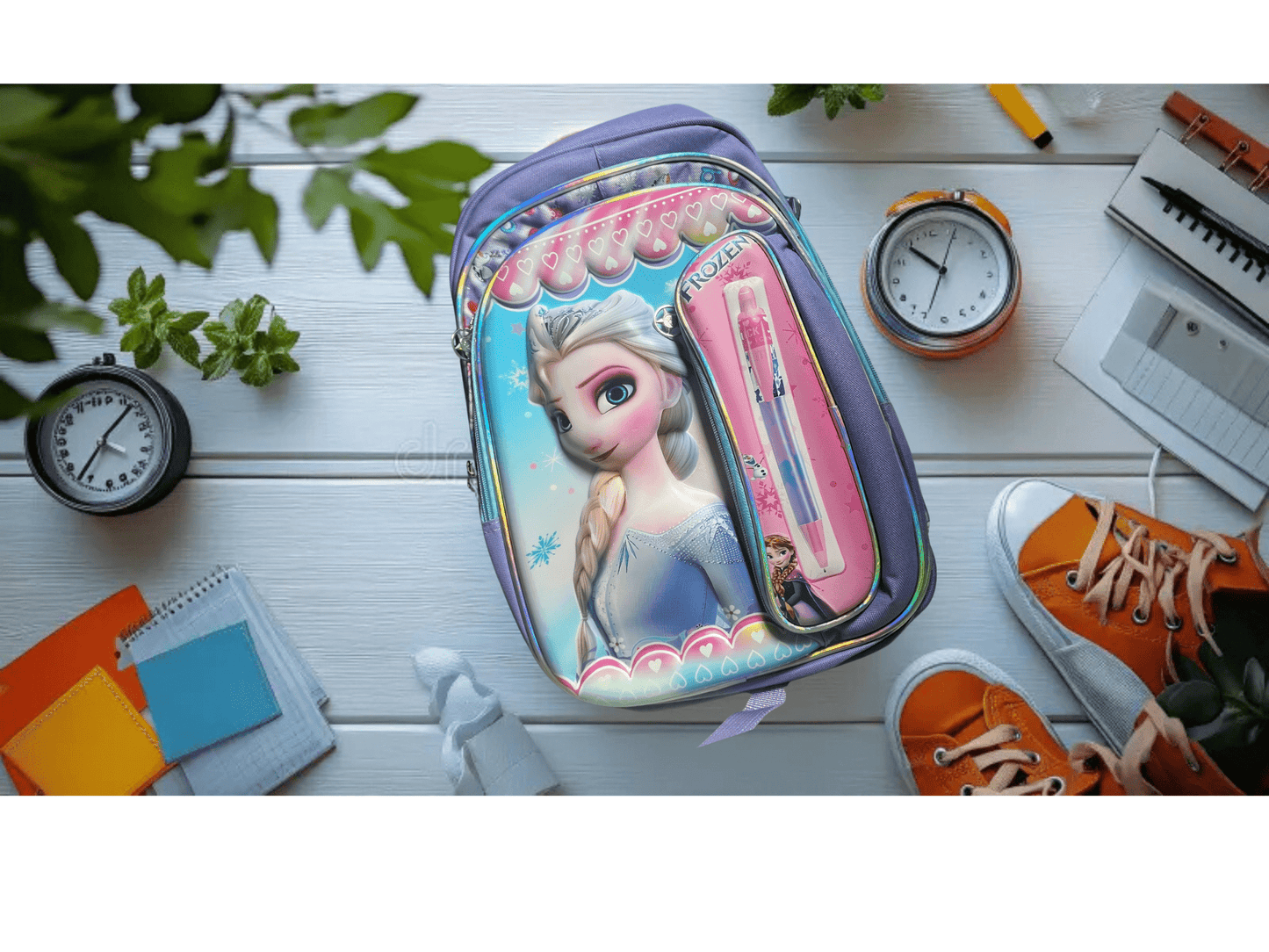 Product Details: - School Bag - Printing 2 Compartment Cartoon Character Backpack With Coin Pouch (Sofia)  Size : 30 x 24 x 12 cm 2 Compartments + 2 Bottle holders + Coin Pouch Adjustable Shoulder Handles - infinityexculsivestore.com