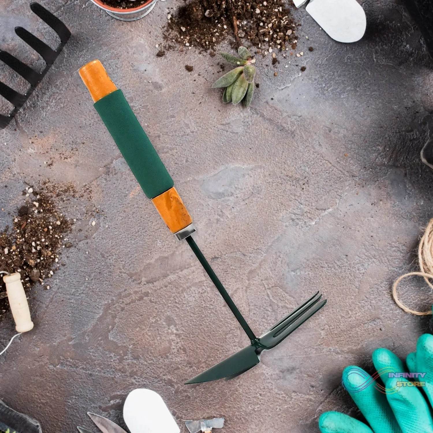 2 IN 1 DOUBLE HAND HOE GARDENING TOOL WITH WOODEN HANDLE - infinityexculsivestore.com