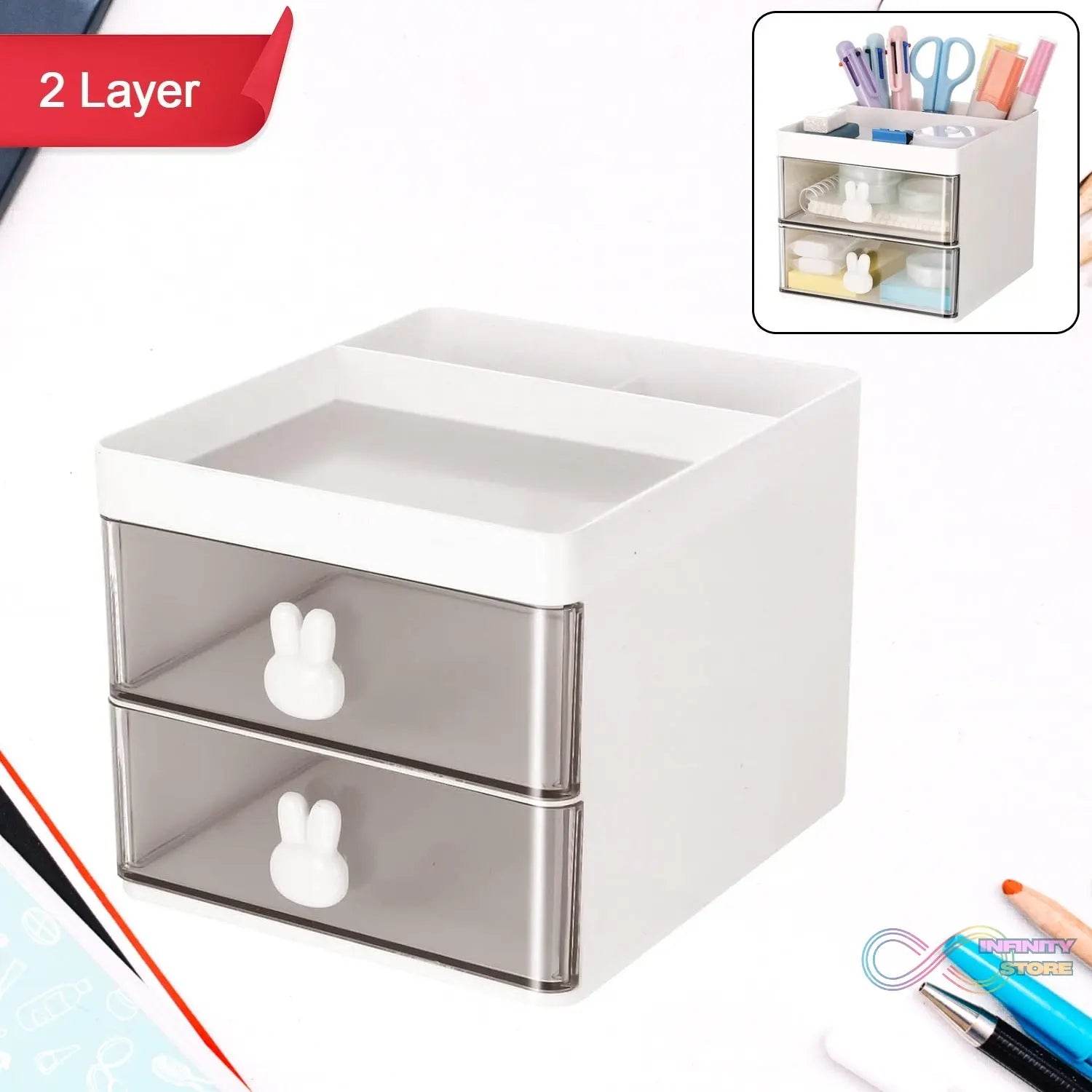 2 Layer 5 Compartment Desk Organizer with Transparent Drawer (1 Pc / 15×13×11 Cm) - infinityexculsivestore.com