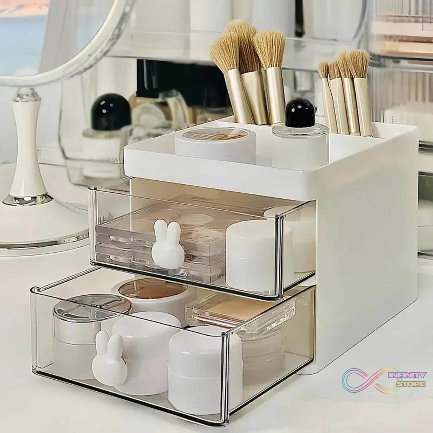 2 Layer 5 Compartment Desk Organizer with Transparent Drawer (1 Pc / 15×13×11 Cm) - infinityexculsivestore.com