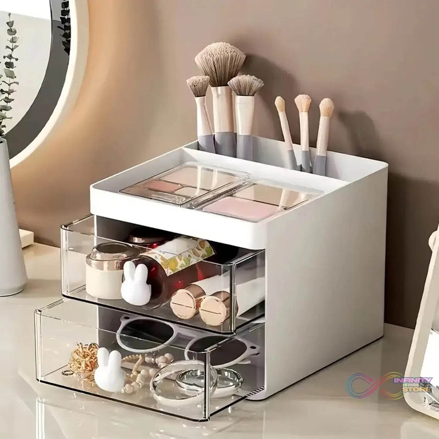 2 Layer 5 Compartment Desk Organizer with Transparent Drawer (1 Pc / 15×13×11 Cm) - infinityexculsivestore.com