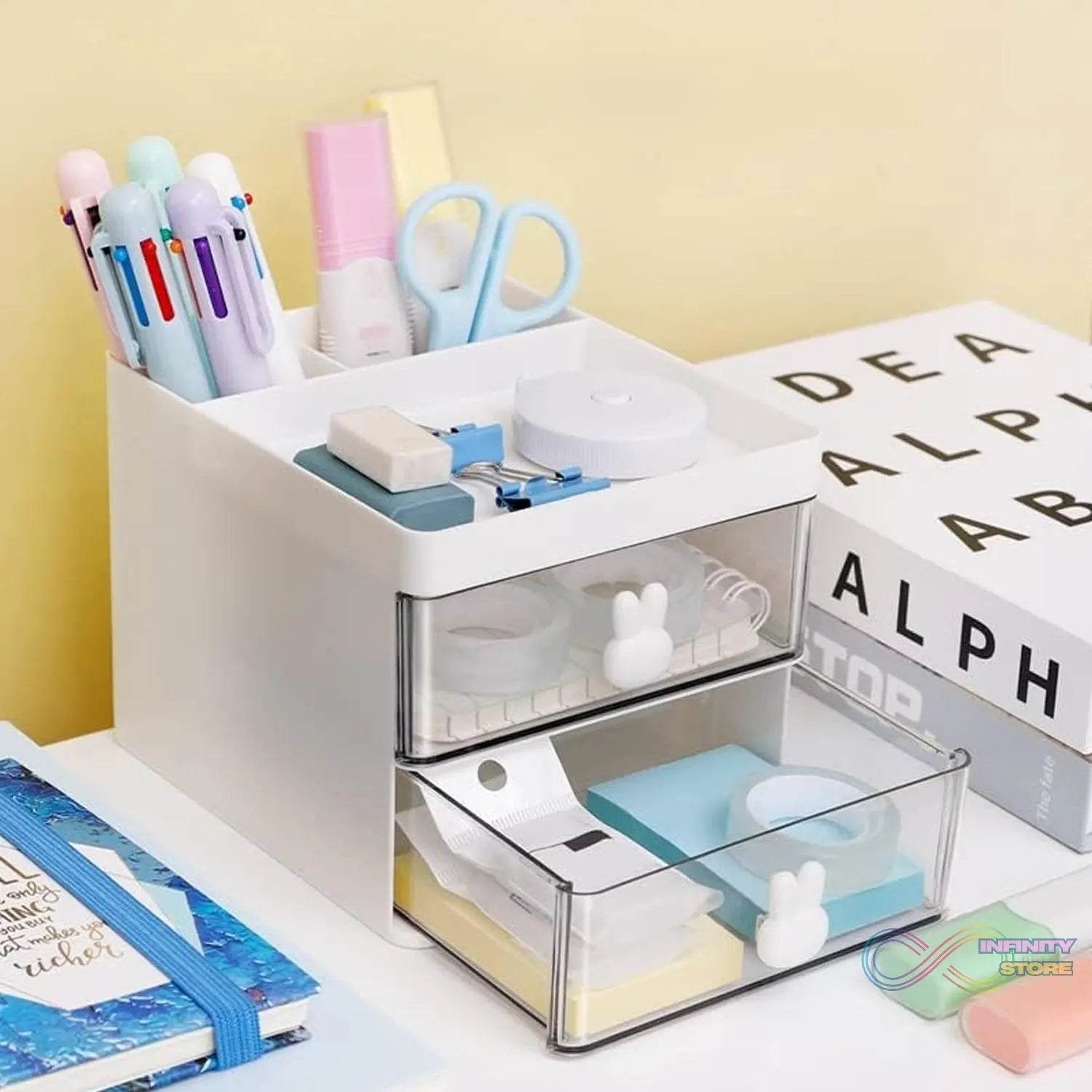 2 Layer 5 Compartment Desk Organizer with Transparent Drawer (1 Pc / 15×13×11 Cm) - infinityexculsivestore.com