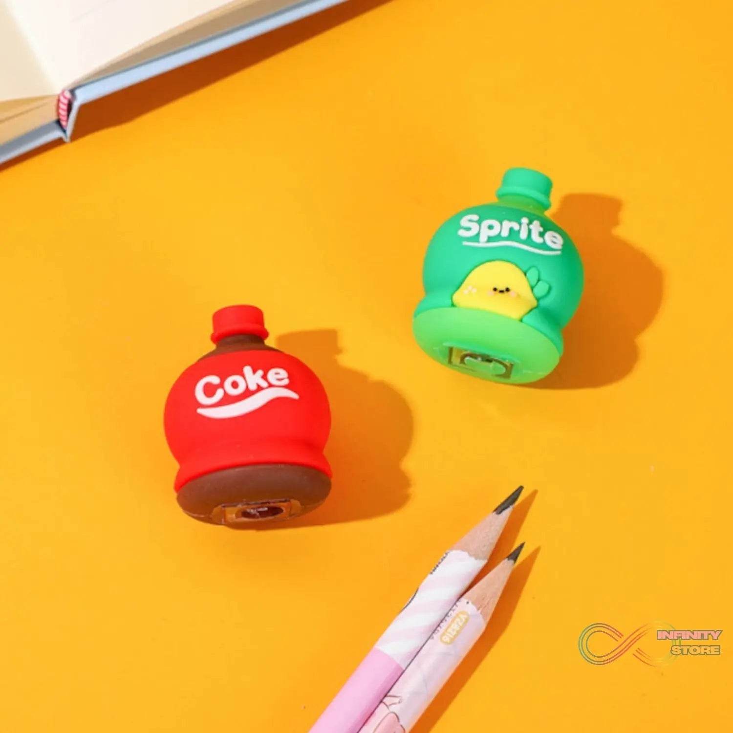 2 - in - 1 3D Cold Drink Bottle Shape Rubber Pencil Sharpener and Eraser Set, Stationery for Kids School Boys Girls, Birthday Return Gifts (1 Pc ) - infinityexculsivestore.com