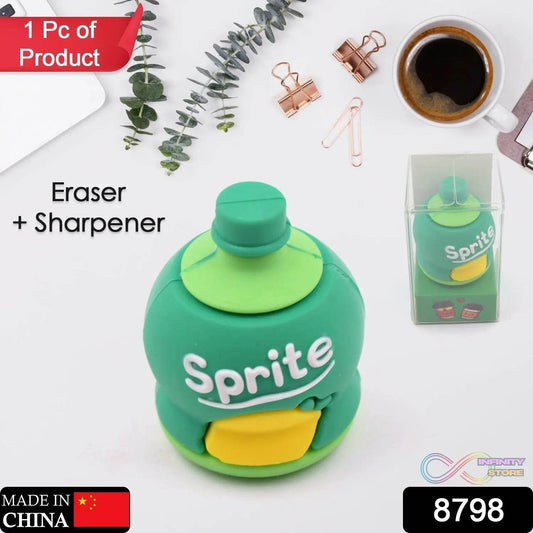 2-in-1 3D Cold Drink Bottle Shape Rubber Pencil Sharpener and Eraser Set, Stationery for Kids School Boys Girls, Birthday Return Gifts (1 Pc ) - infinityexculsivestore.com