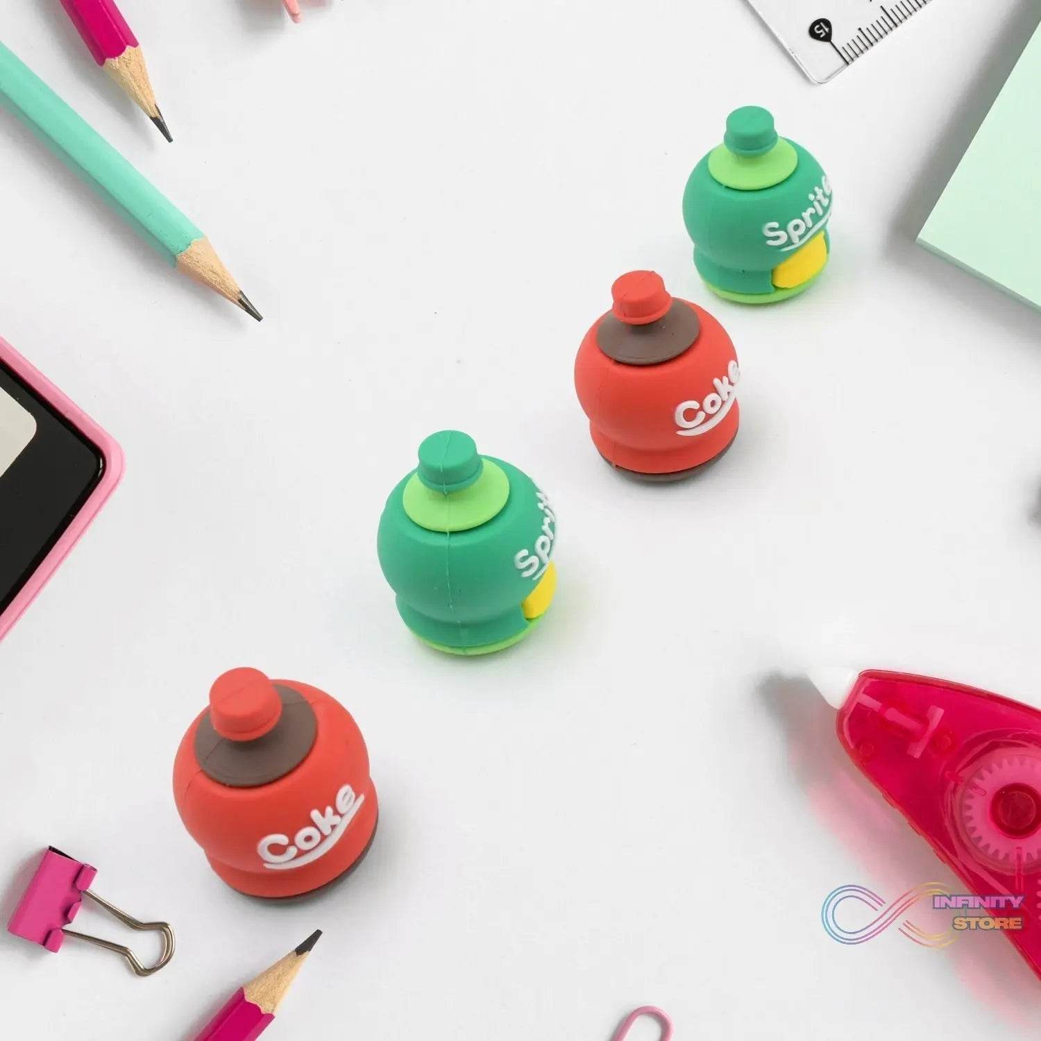 2-in-1 3D Cold Drink Bottle Shape Rubber Pencil Sharpener and Eraser Set, Stationery for Kids School Boys Girls, Birthday Return Gifts (1 Pc ) - infinityexculsivestore.com
