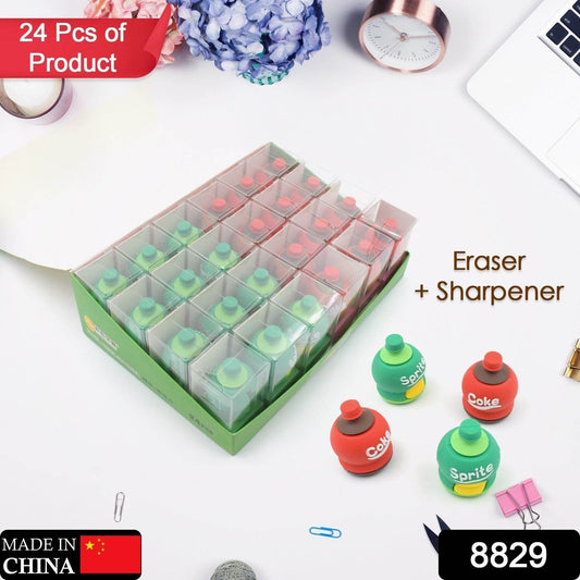 2 - in - 1 3D Cold Drink Bottle Shape Rubber Pencil Sharpener and Eraser Set, Stationery for Kids School Boys Girls, Birthday Return Gifts (24 Pcs Set ) - infinityexculsivestore.com