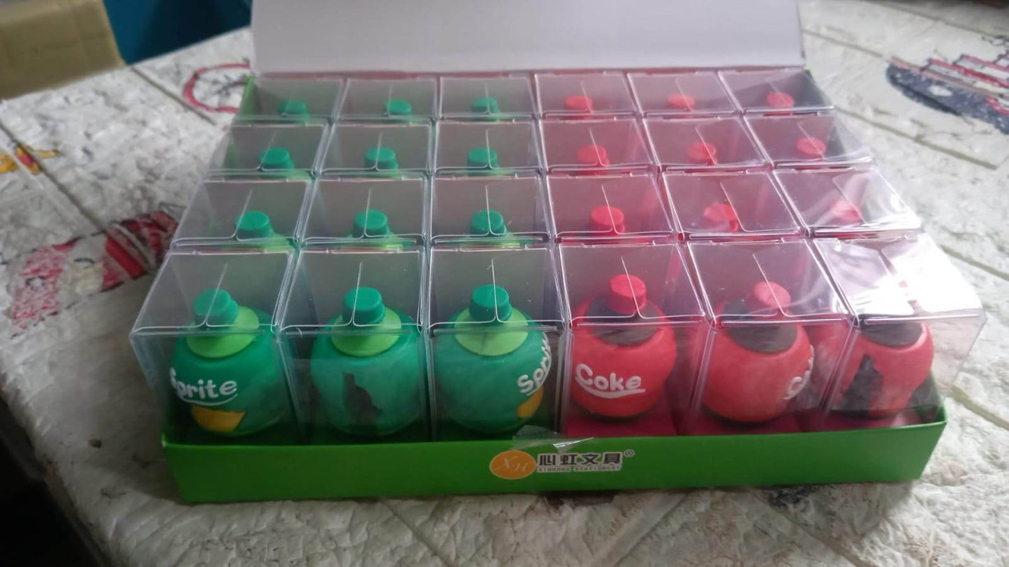 2 - in - 1 3D Cold Drink Bottle Shape Rubber Pencil Sharpener and Eraser Set, Stationery for Kids School Boys Girls, Birthday Return Gifts (24 Pcs Set ) - infinityexculsivestore.com
