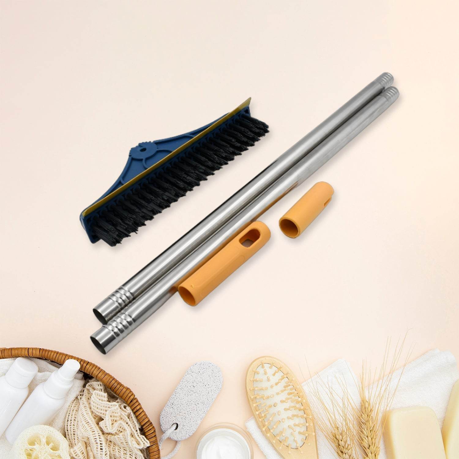 2 in 1 Cleaning Brush & Wiper , Long Handle Floor Brush, Rotatable Cleaning Brush for Bathroom, Kitchen, 120 Degree Triangular Rotating Brush Head with Wiper - infinityexculsivestore.com