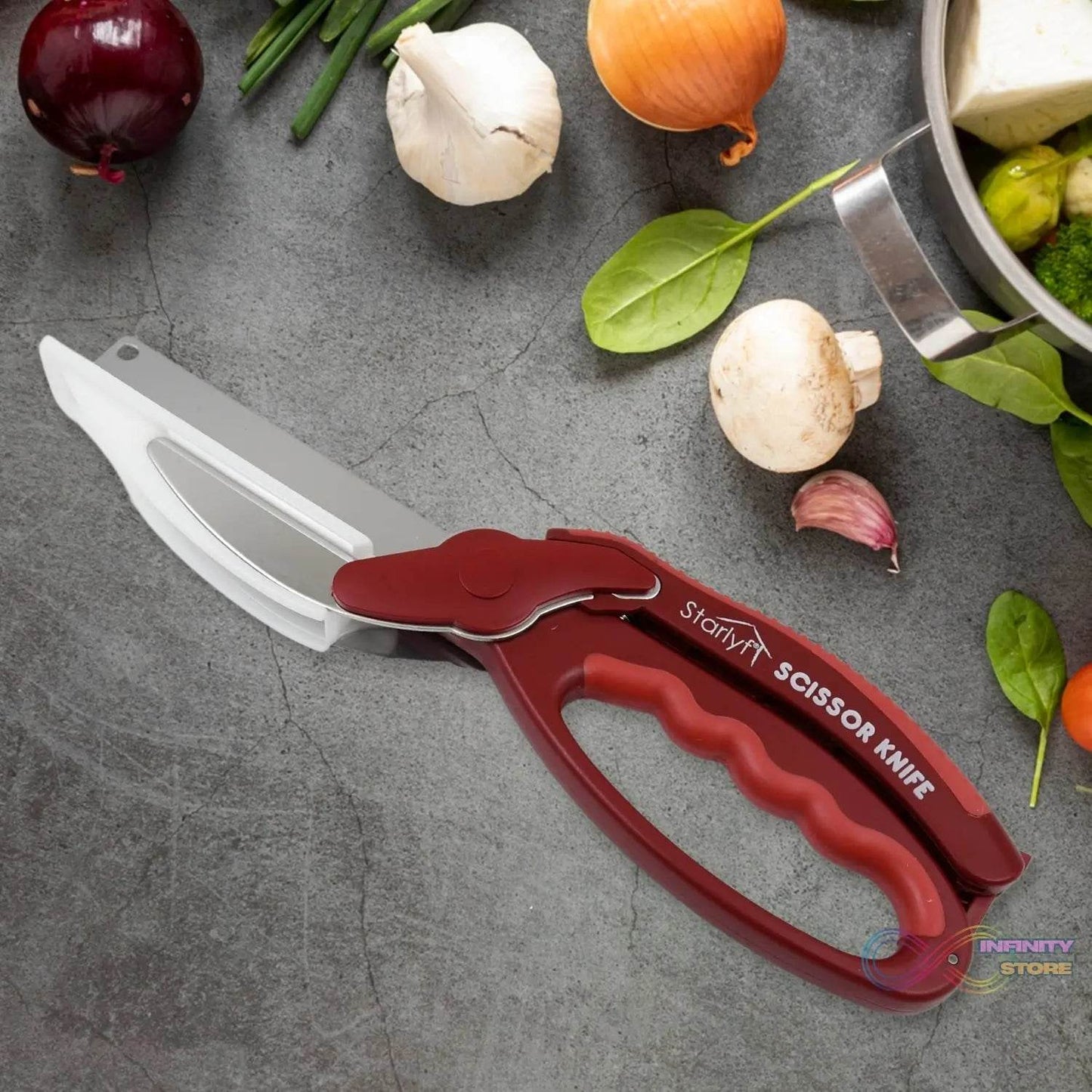 2 in 1 Kitchen Knife Scissor with Spring Locking Hinge and Chopping Board (1 Pc / With Card Packing) - infinityexculsivestore.com