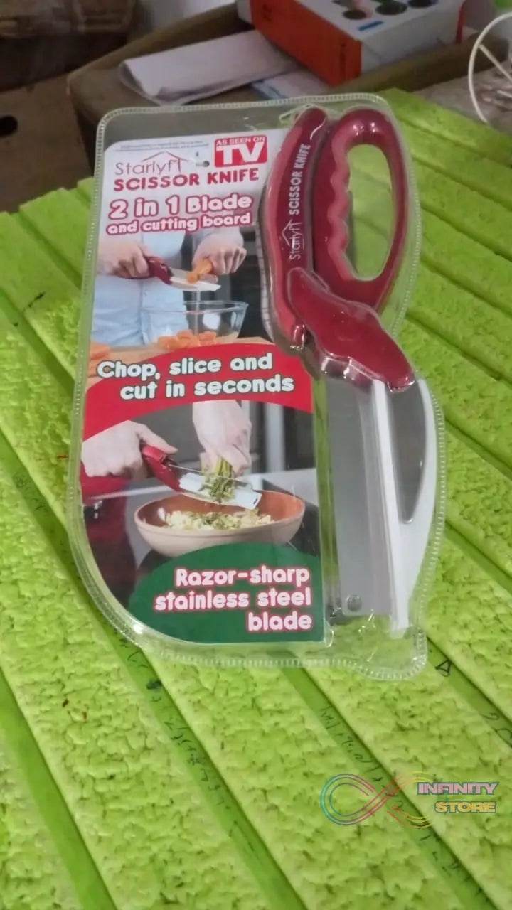 2 in 1 Kitchen Knife Scissor with Spring Locking Hinge and Chopping Board (1 Pc / With Card Packing) - infinityexculsivestore.com