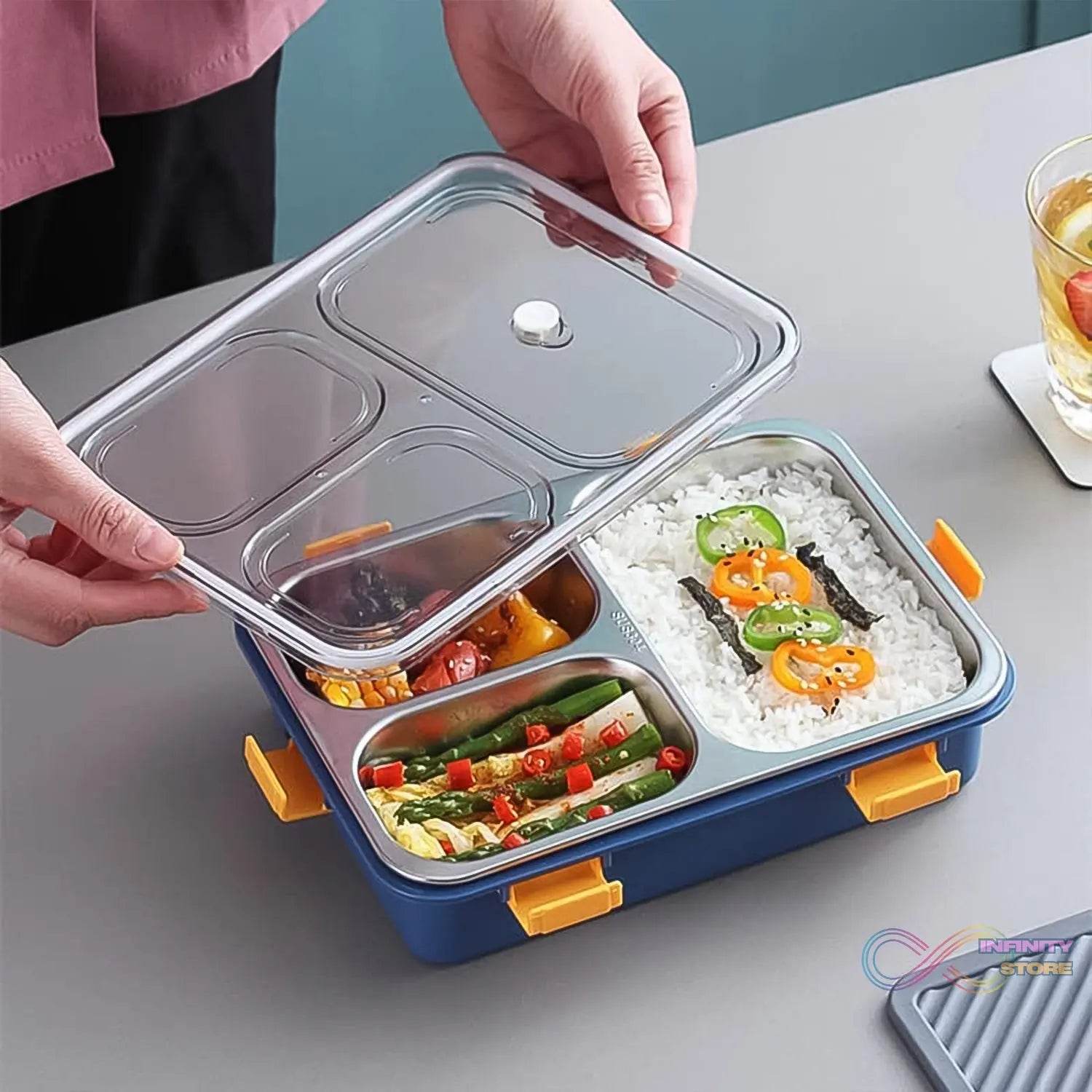 3 Compartment Transparent Stainless Steel Lunch Box with a Spoon and a Pair of Chopsticks (1 Set) - infinityexculsivestore.com