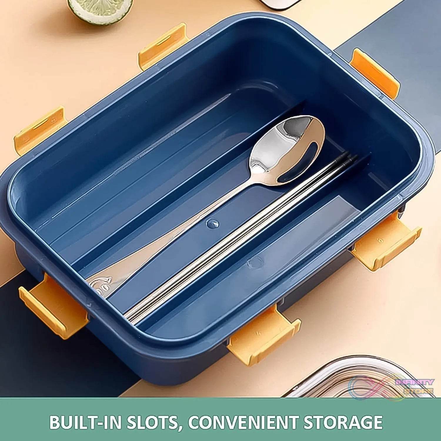 3 Compartment Transparent Stainless Steel Lunch Box with a Spoon and a Pair of Chopsticks (1 Set) - infinityexculsivestore.com