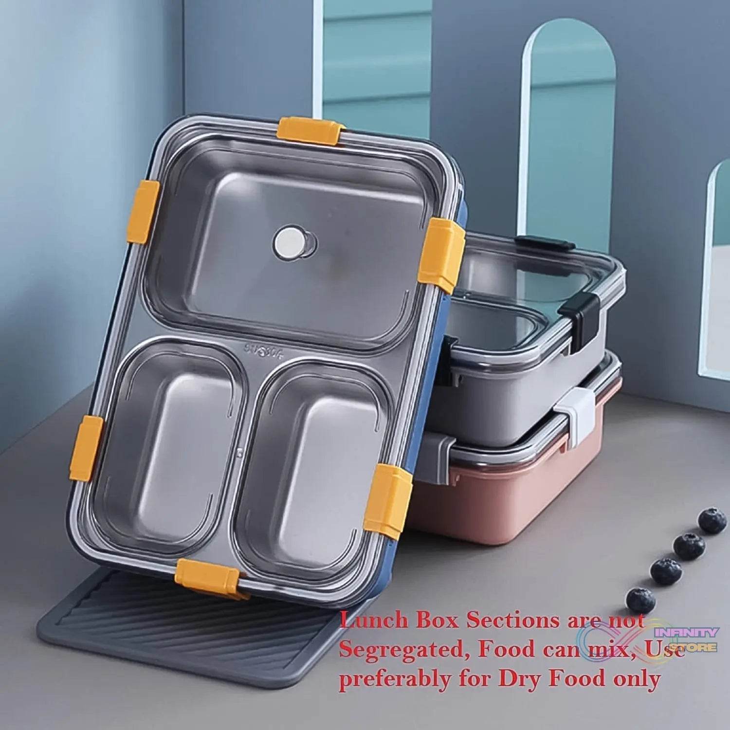 3 Compartment Transparent Stainless Steel Lunch Box with a Spoon and a Pair of Chopsticks (1 Set) - infinityexculsivestore.com