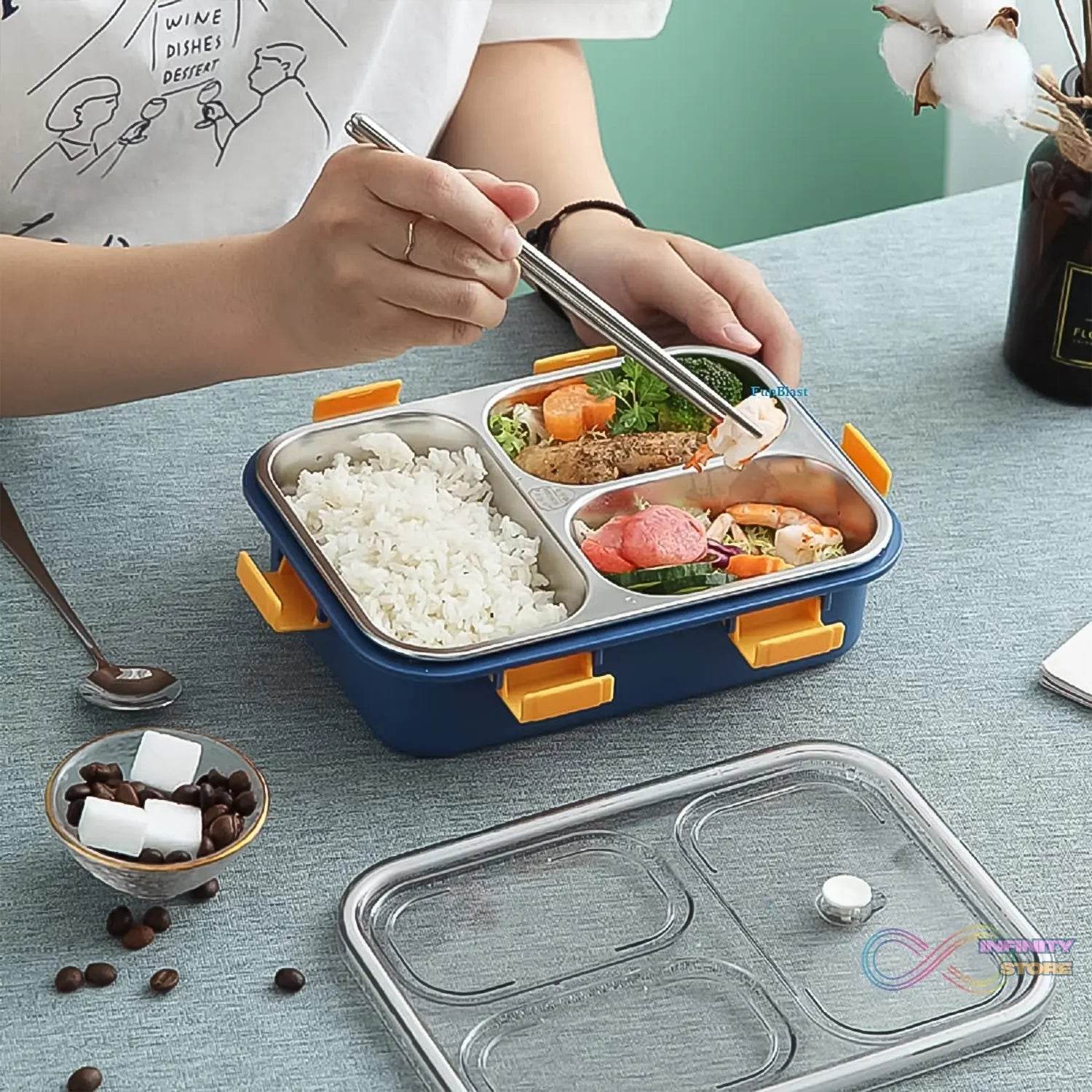 3 Compartment Transparent Stainless Steel Lunch Box with a Spoon and a Pair of Chopsticks (1 Set) - infinityexculsivestore.com