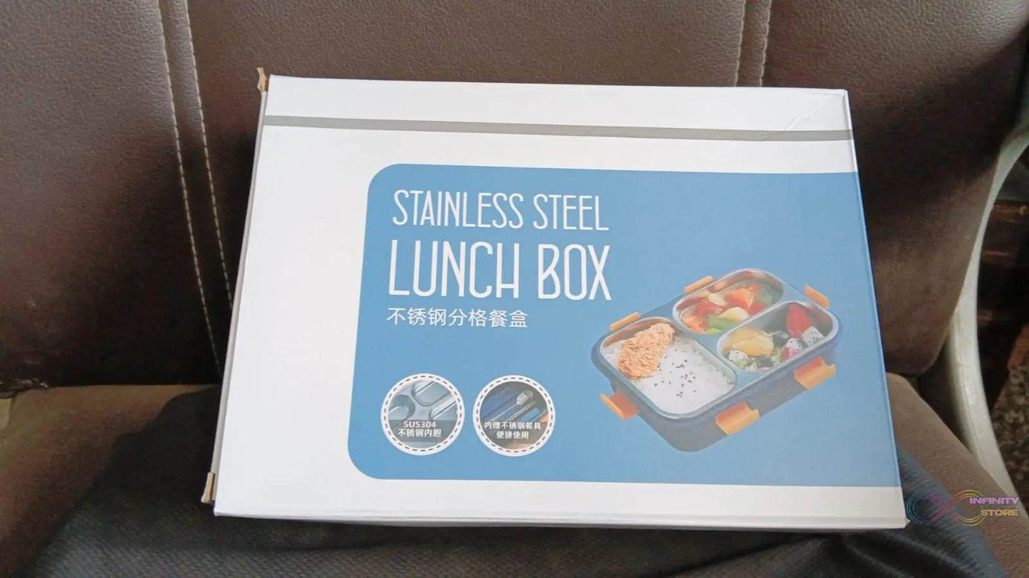 3 Compartment Transparent Stainless Steel Lunch Box with a Spoon and a Pair of Chopsticks (1 Set) - infinityexculsivestore.com