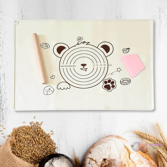 3 In 1 Heavy Silicone Baking Mat With Wooden Belan & Cake Scraper (3 Pcs Set / 70Γ50 CM) - infinityexculsivestore.com
