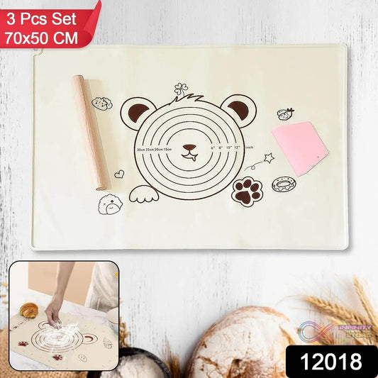 3 In 1 Heavy Silicone Baking Mat With Wooden Belan & Cake Scraper (3 Pcs Set / 70Γ50 CM) - infinityexculsivestore.com