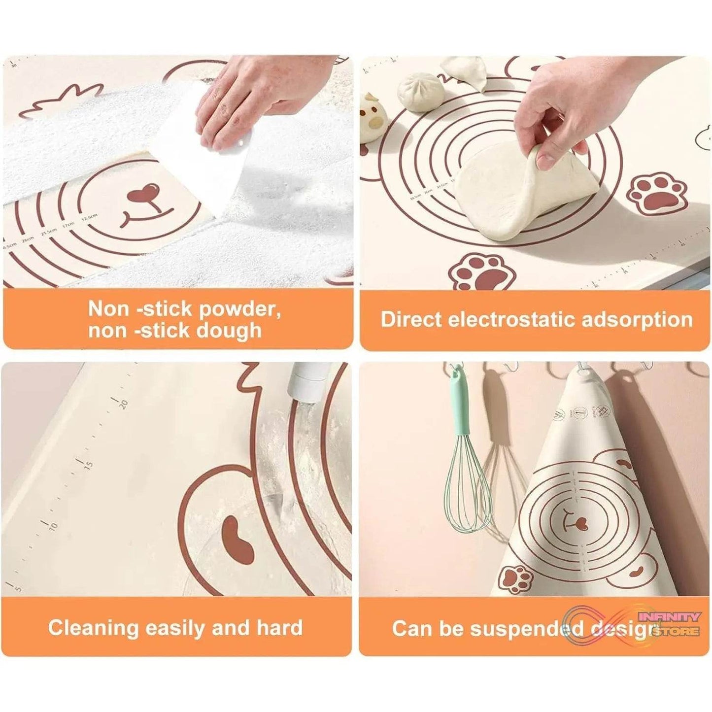 3 In 1 Heavy Silicone Baking Mat With Wooden Belan & Cake Scraper (3 Pcs Set / 70×50 CM) - infinityexculsivestore.com