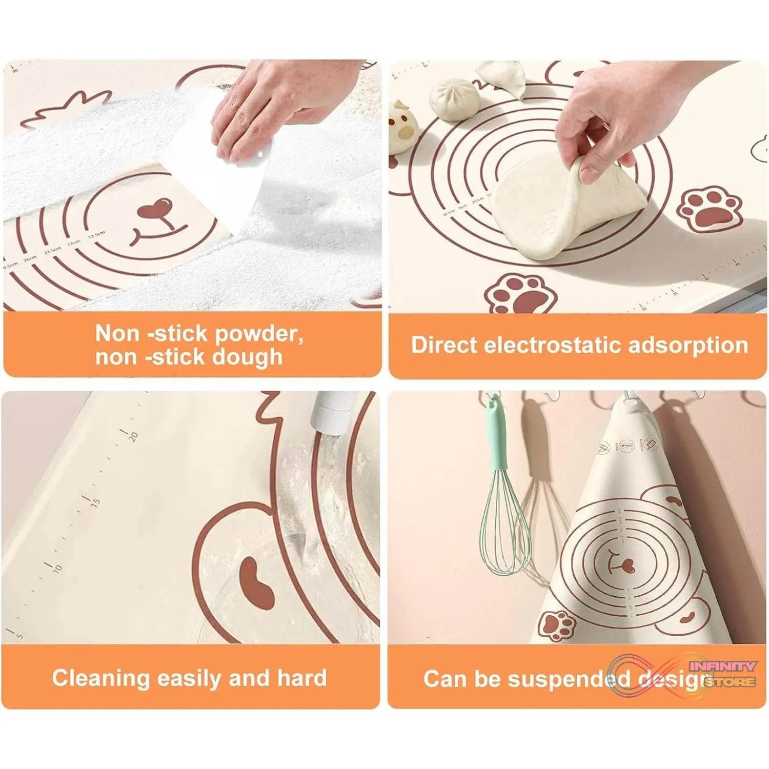 3 In 1 Heavy Silicone Baking Mat With Wooden Belan & Cake Scraper (3 Pcs Set / 70×50 CM) - infinityexculsivestore.com