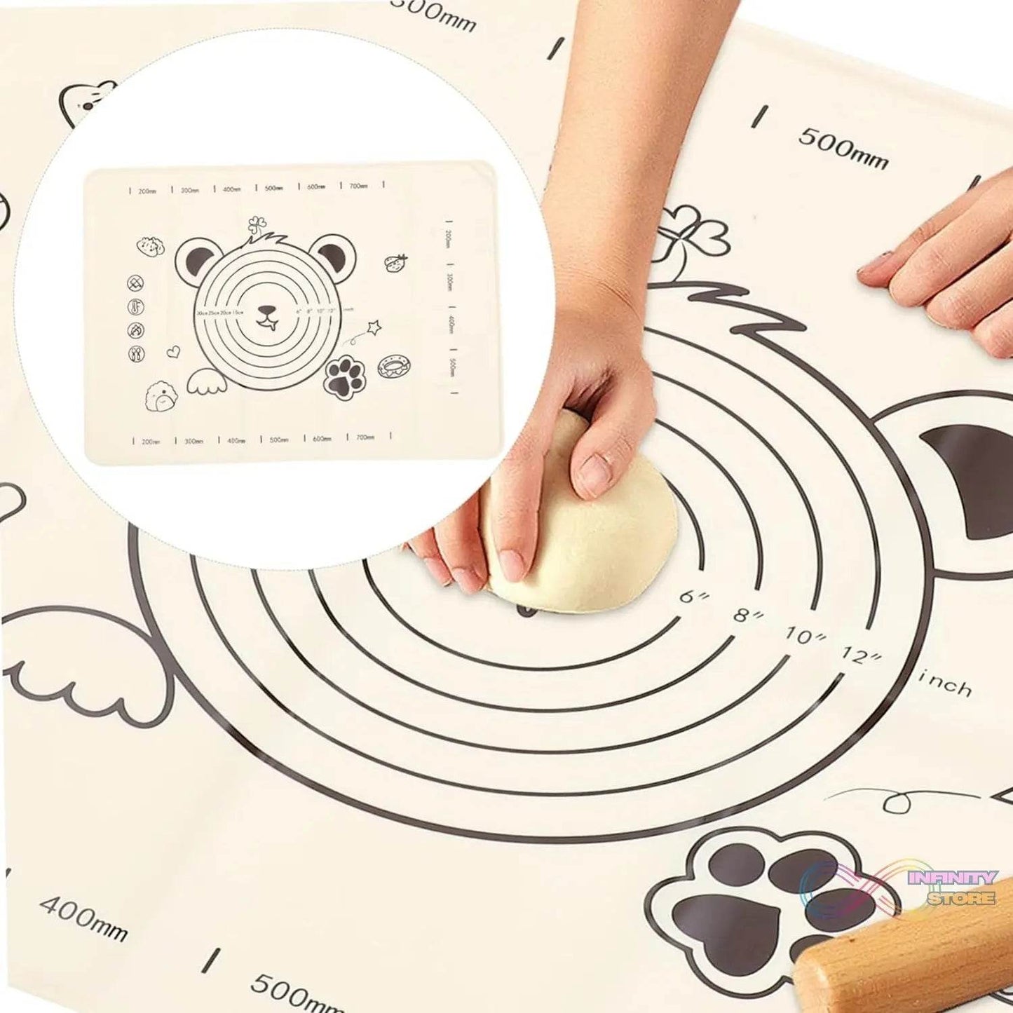 3 In 1 Low Silicone Baking Mat With Wooden Belan & Cake Scraper (3 Pcs Set / 70×50 CM) - infinityexculsivestore.com