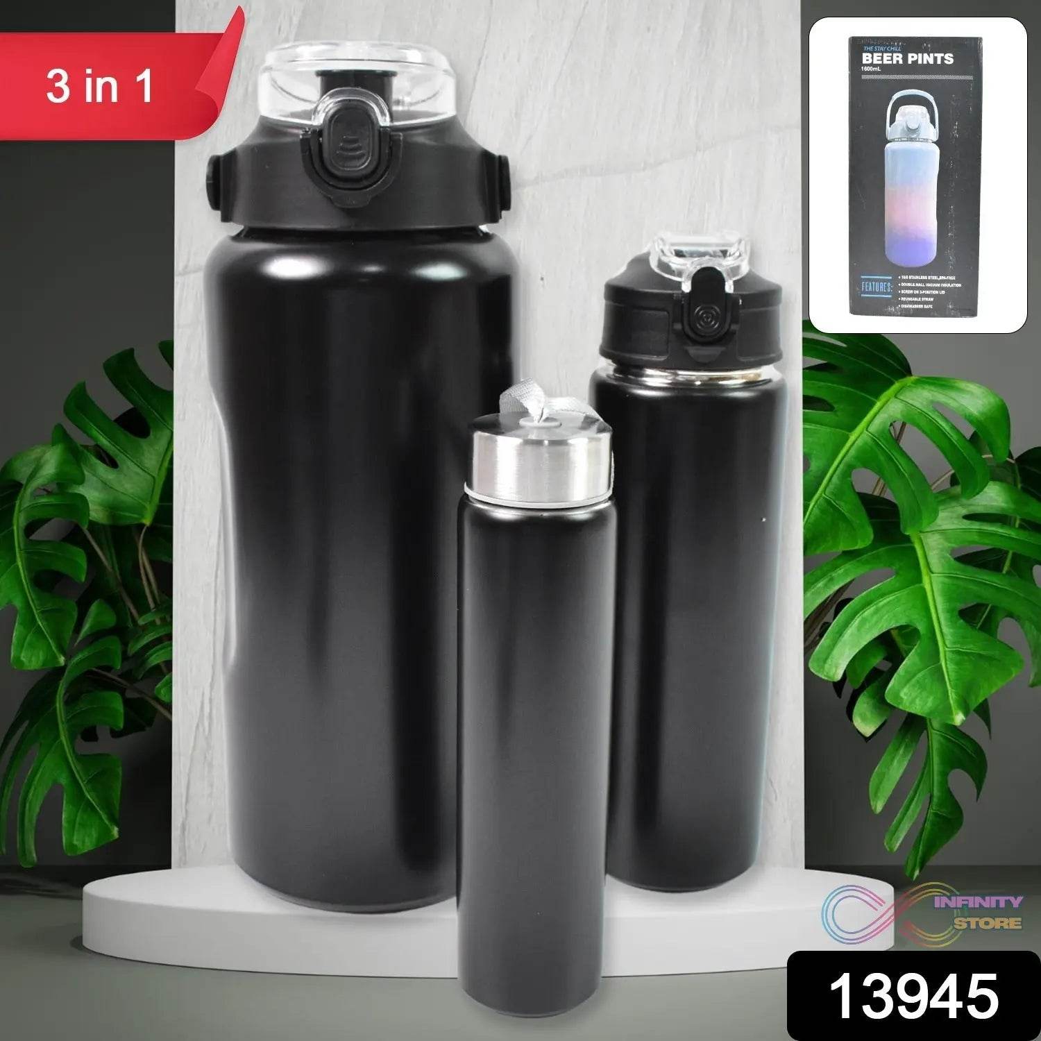 3 In 1 Stainless Steel Insulated Water Bottle, Double Wall Vacuum (3 Pcs Set / Different Size) - infinityexculsivestore.com
