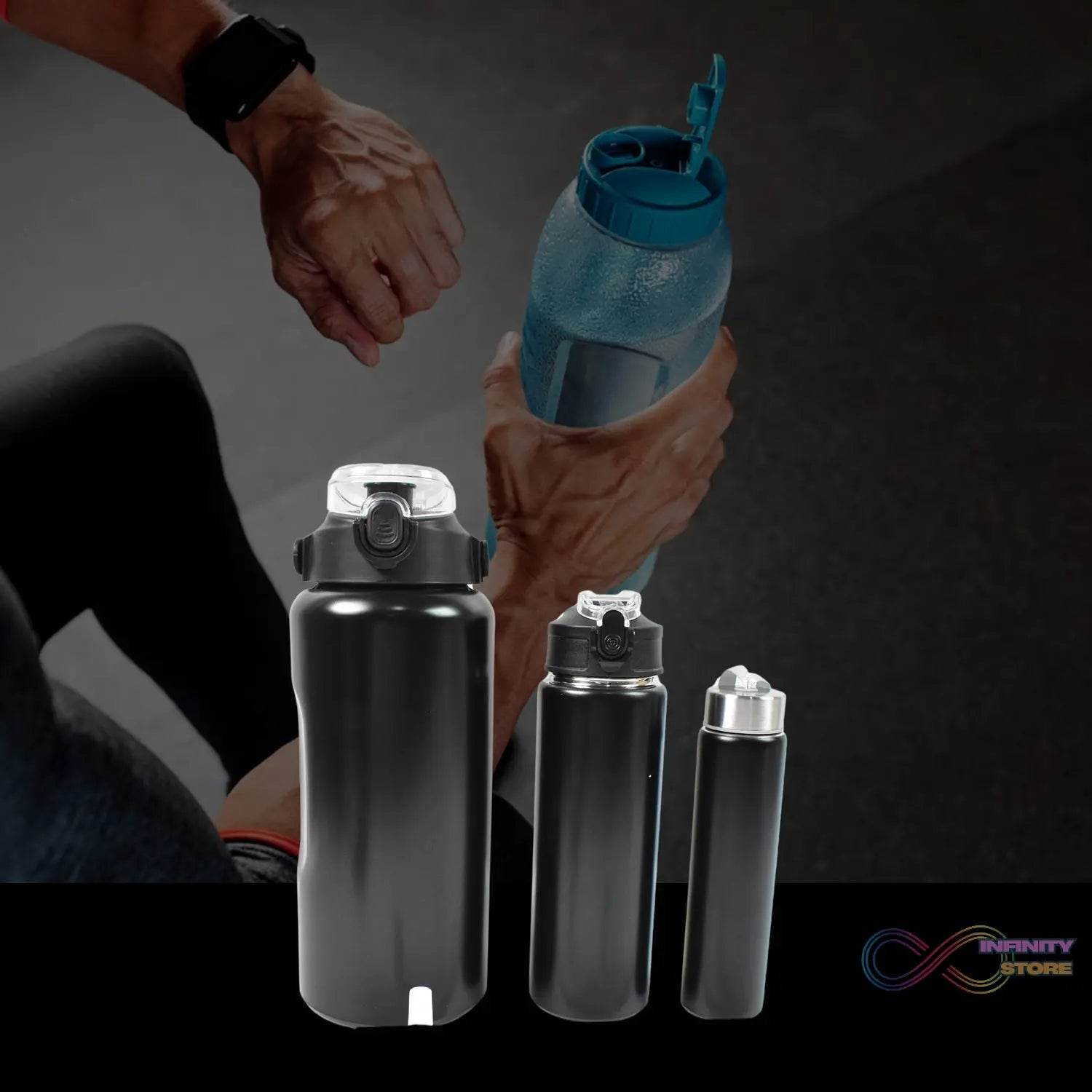 3 In 1 Stainless Steel Insulated Water Bottle, Double Wall Vacuum (3 Pcs Set / Different Size) - infinityexculsivestore.com