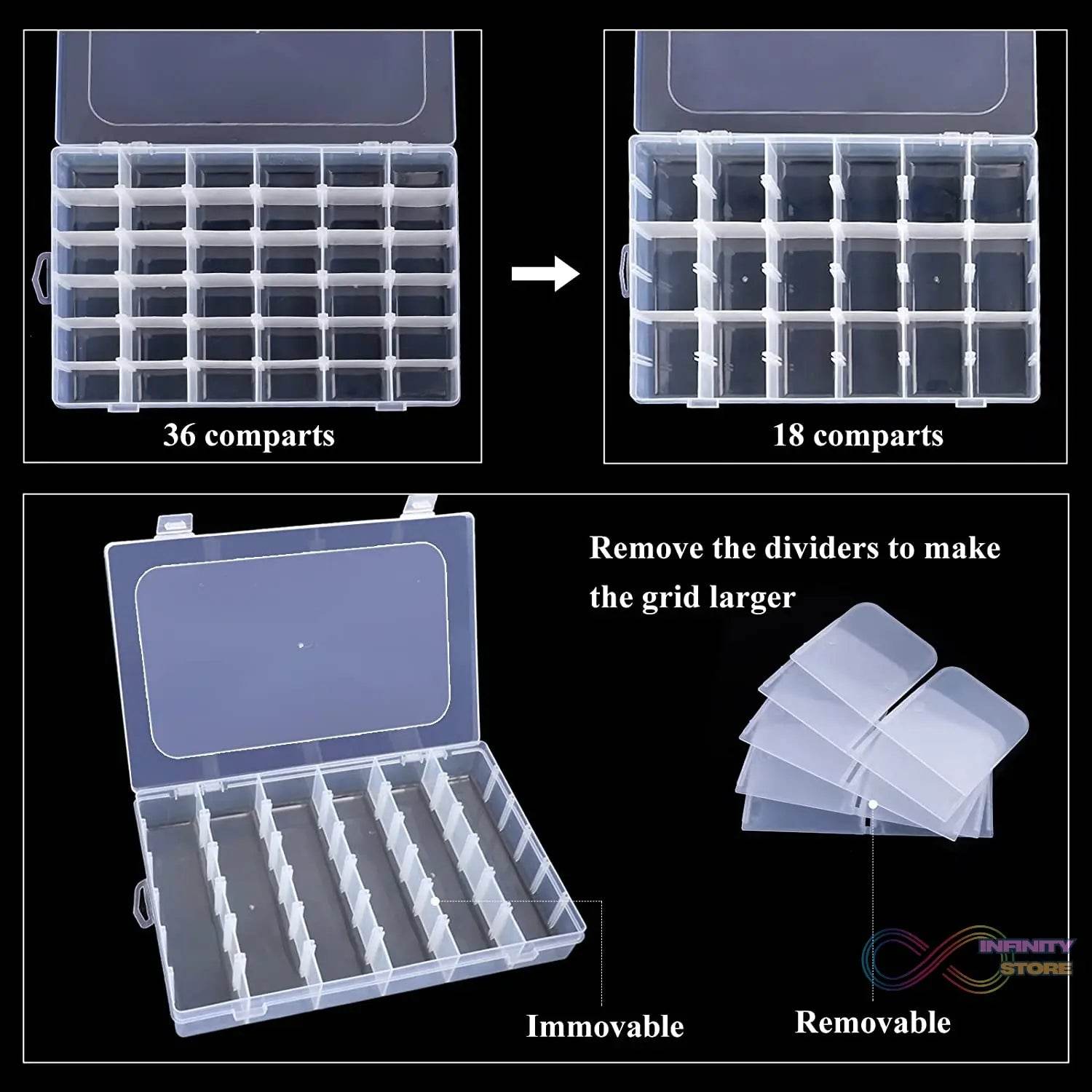 36 Grids Clear Plastic Organizer Box with Adjustable Compartment Dividers, Jewellery Storage Organizer Collection Box (1 pc ) - infinityexculsivestore.com