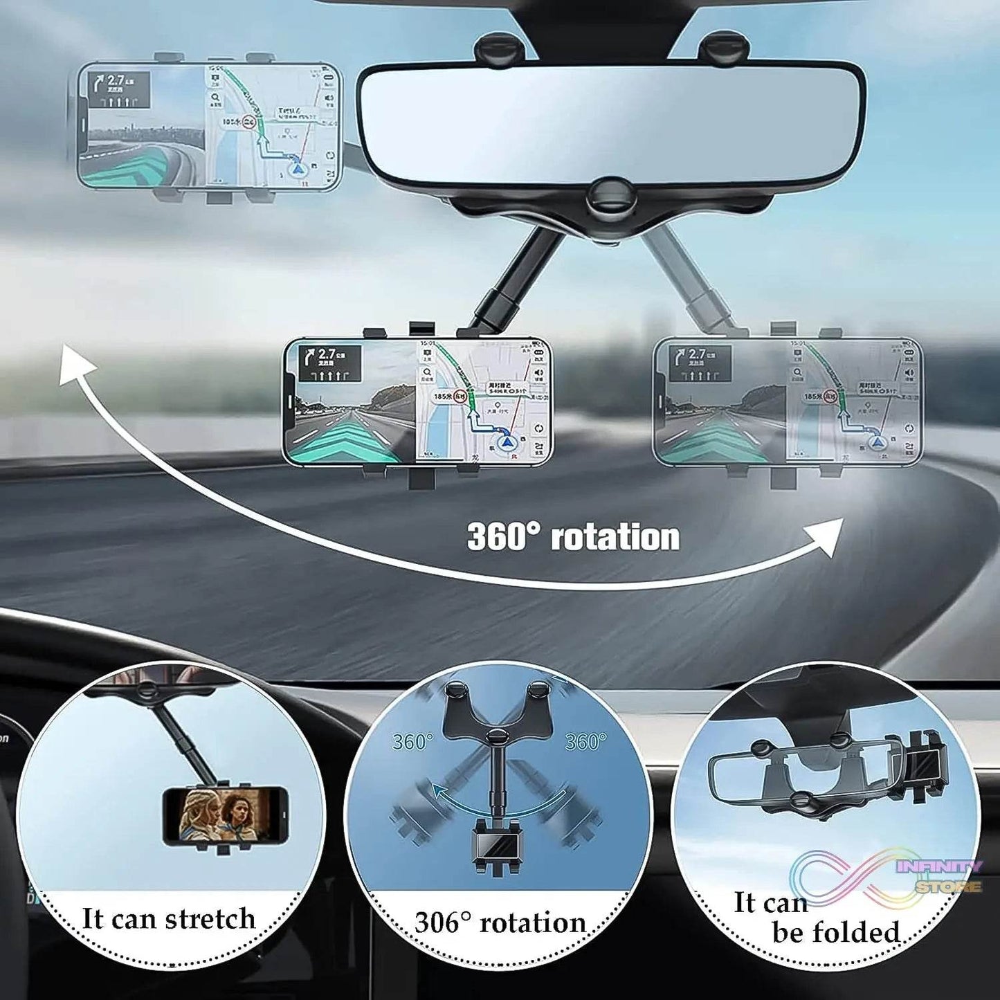360 ° Rotating Car Rear View Mirror Phone Holder (1 Pc) - infinityexculsivestore.com