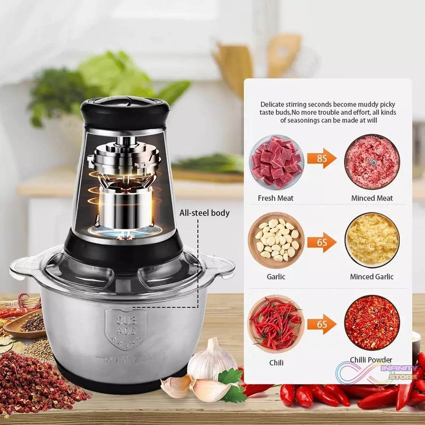 3Ltr Electric Food Processor Stainless Steel Onion Cutter Multi Chopper 2 Speed Levels 5 Blades Universal Chopper for kitchen - infinityexculsivestore.com