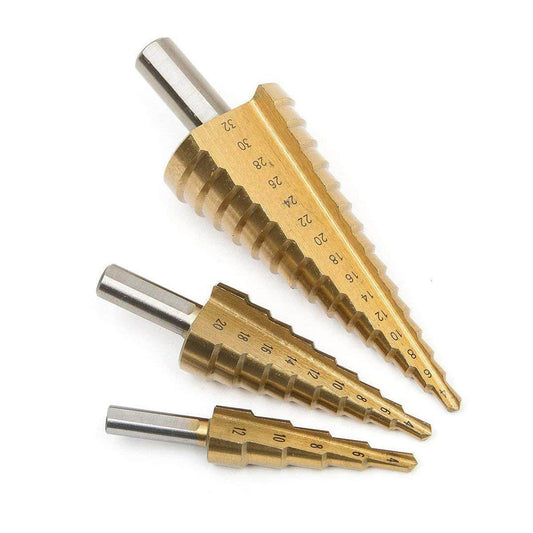 '-3X Large HSS Steel Step Cone Drill Titanium Bit Set Hole Cutter (4-32, 4-20, 4-12mm) - infinityexculsivestore.com