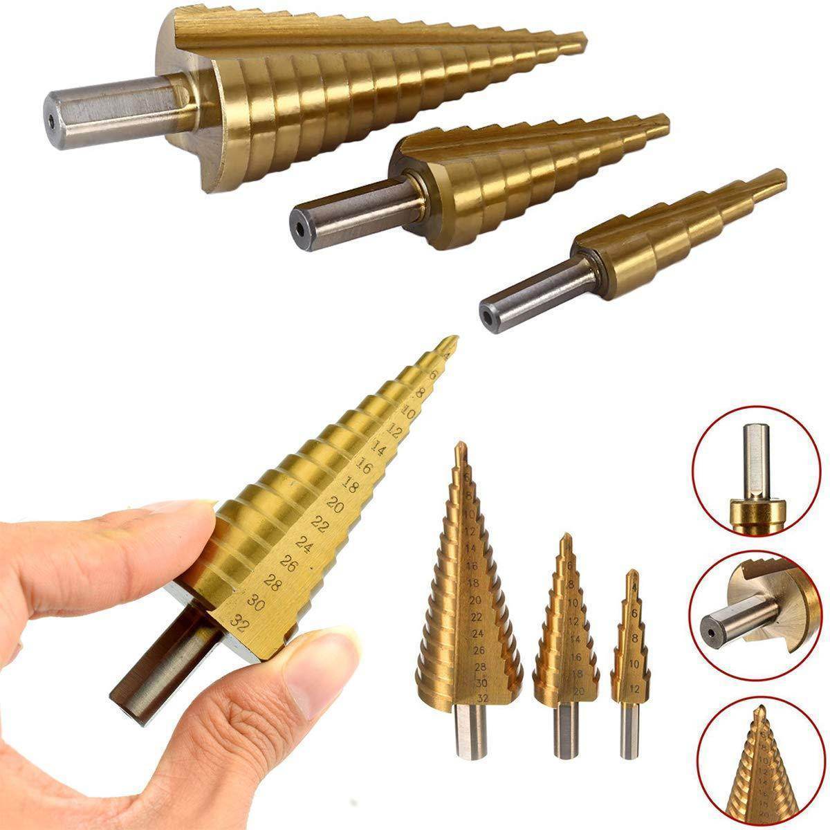 '-3X Large HSS Steel Step Cone Drill Titanium Bit Set Hole Cutter (4-32, 4-20, 4-12mm) - infinityexculsivestore.com