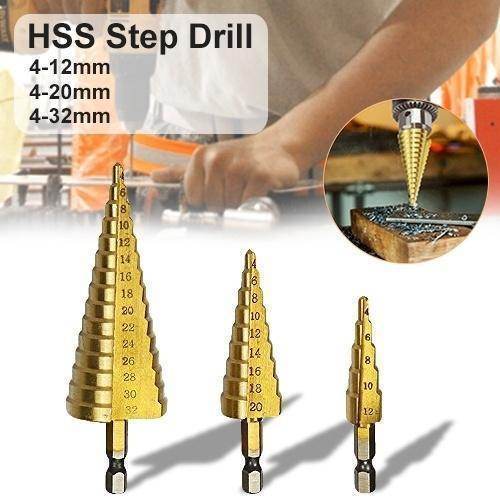 '-3X Large HSS Steel Step Cone Drill Titanium Bit Set Hole Cutter (4-32, 4-20, 4-12mm) - infinityexculsivestore.com