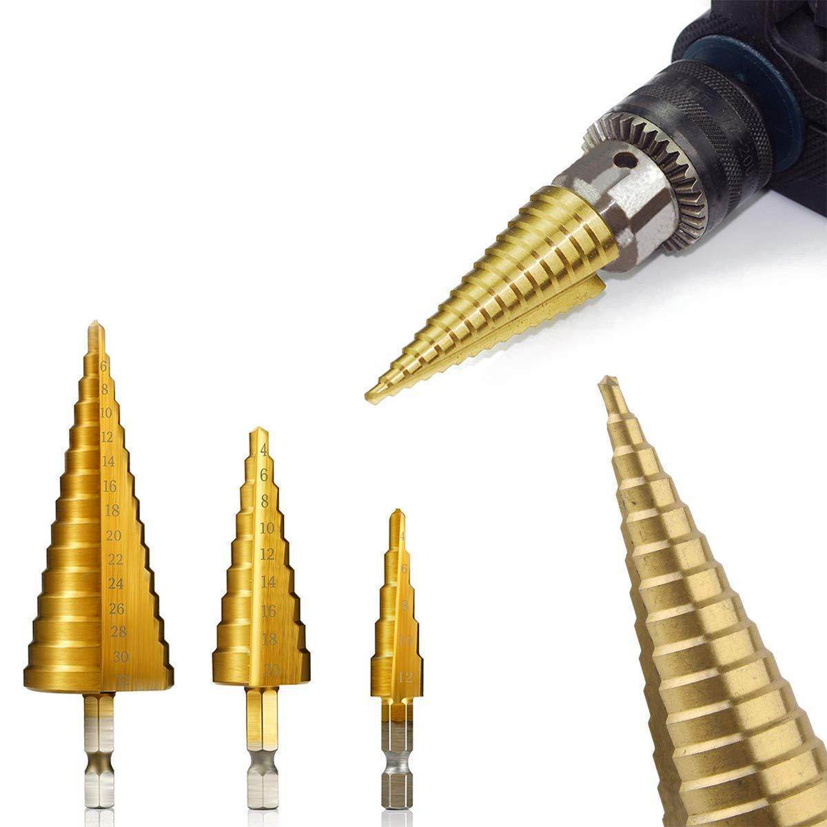 '-3X Large HSS Steel Step Cone Drill Titanium Bit Set Hole Cutter (4-32, 4-20, 4-12mm) - infinityexculsivestore.com