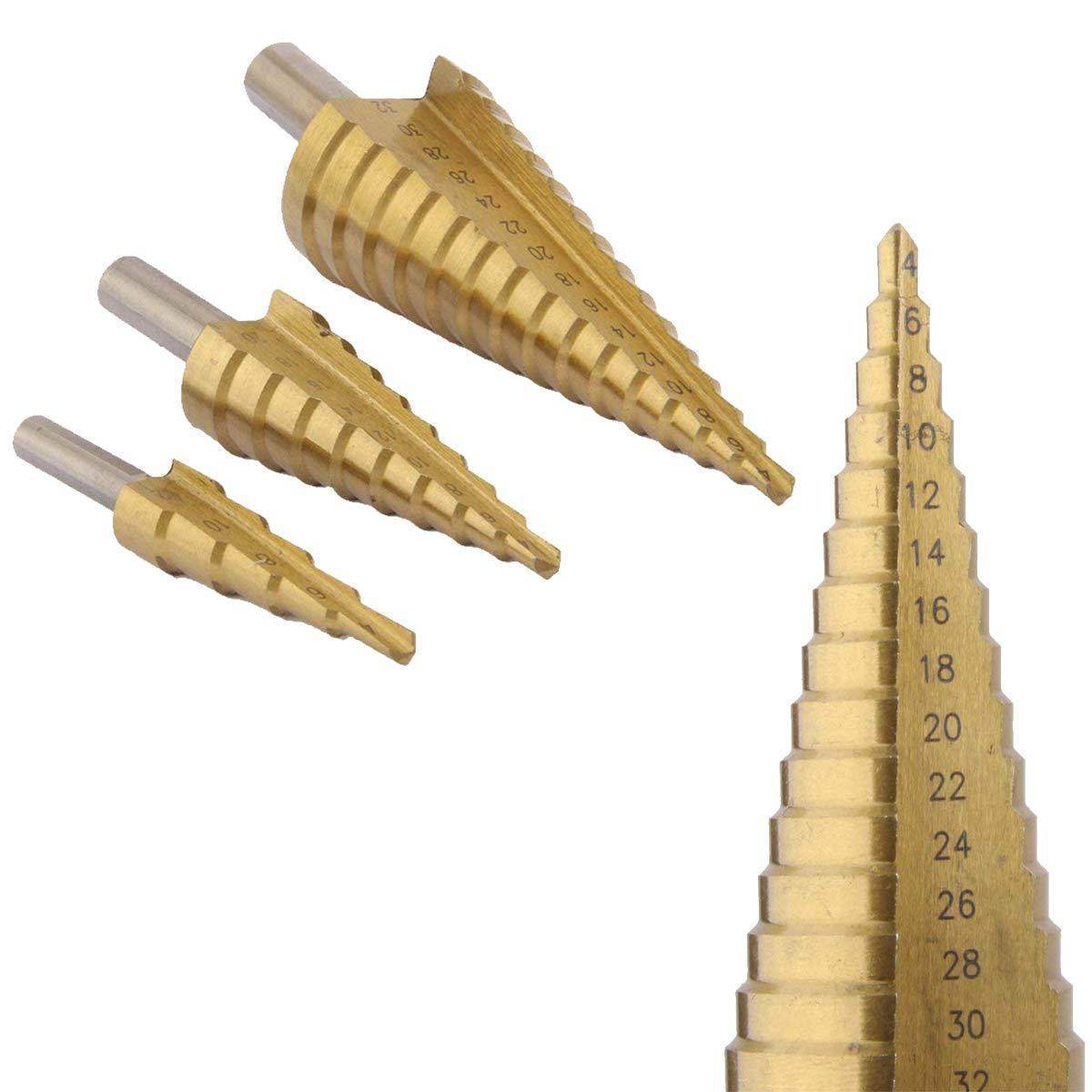 '-3X Large HSS Steel Step Cone Drill Titanium Bit Set Hole Cutter (4-32, 4-20, 4-12mm) - infinityexculsivestore.com