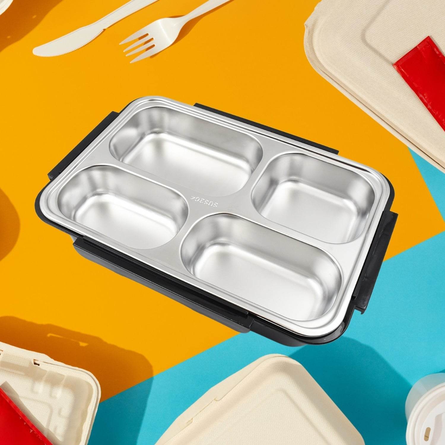 4 Compartment Insulated Lunch Box Stainless Steel |Tiffin Box for Boys, Girls, School & Office Men for Microwave & Dishwasher & Freezer Safe Adult Children Food Container (1 Pc) - infinityexculsivestore.com