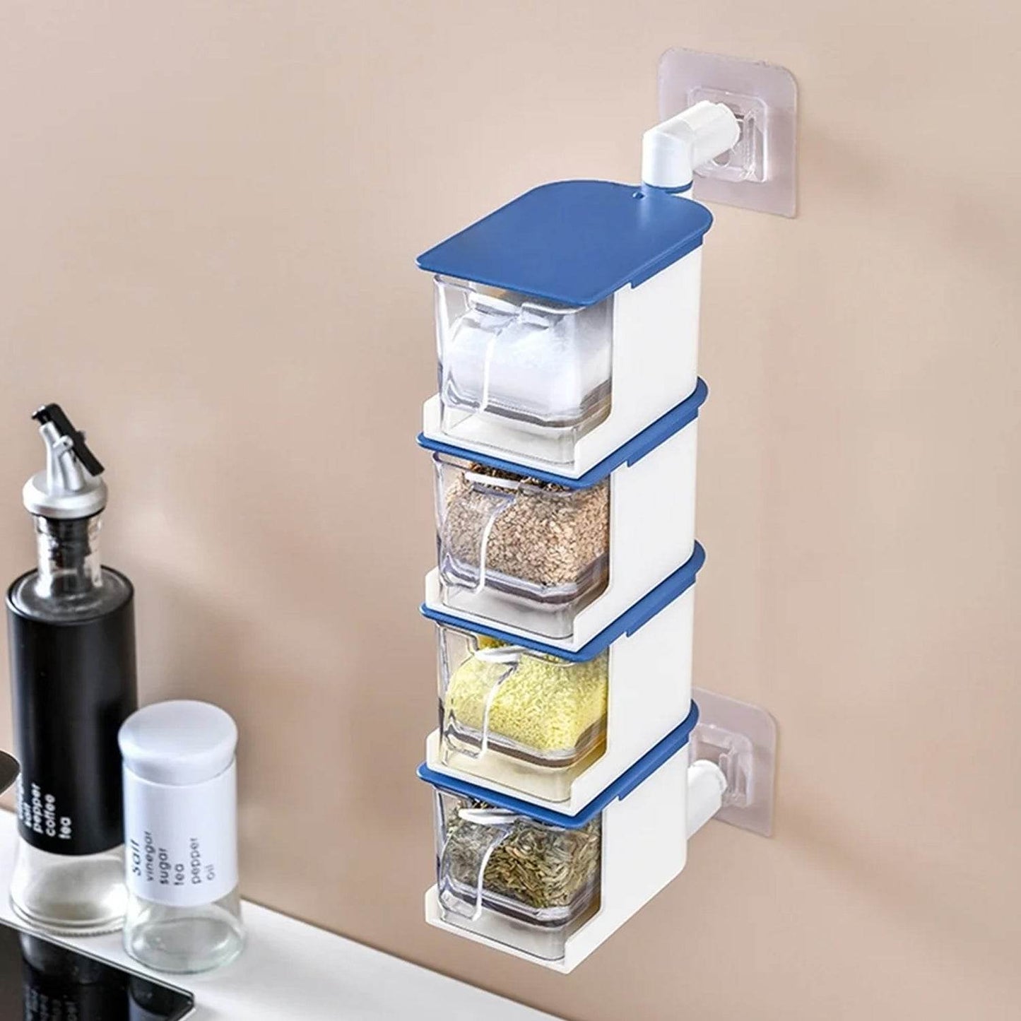 4 Layer Creative Adhesive Wall Hanging Rotary Seasoning Box Condiment Storage Container Kitchen with Spoon Pepper Sugar Spice Jar Rack Food - infinityexculsivestore.com
