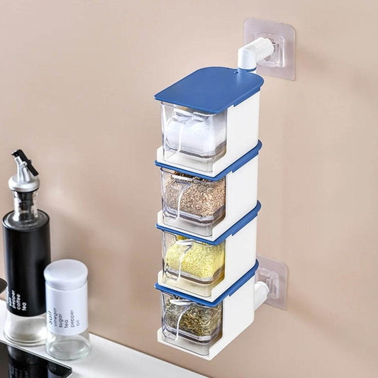 4 Layer Creative Adhesive Wall Hanging Rotary Seasoning Box Condiment Storage Container Kitchen with Spoon Pepper Sugar Spice Jar Rack Food - infinityexculsivestore.com