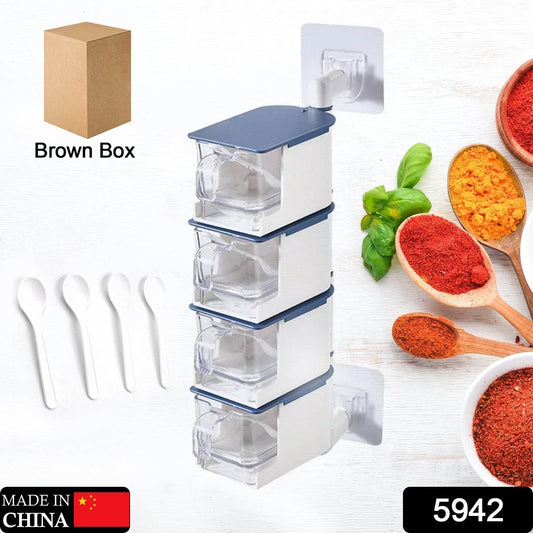 4 Layer Creative Adhesive Wall Hanging Rotary Seasoning Box Condiment Storage Container Kitchen with Spoon Pepper Sugar Spice Jar Rack Food - infinityexculsivestore.com
