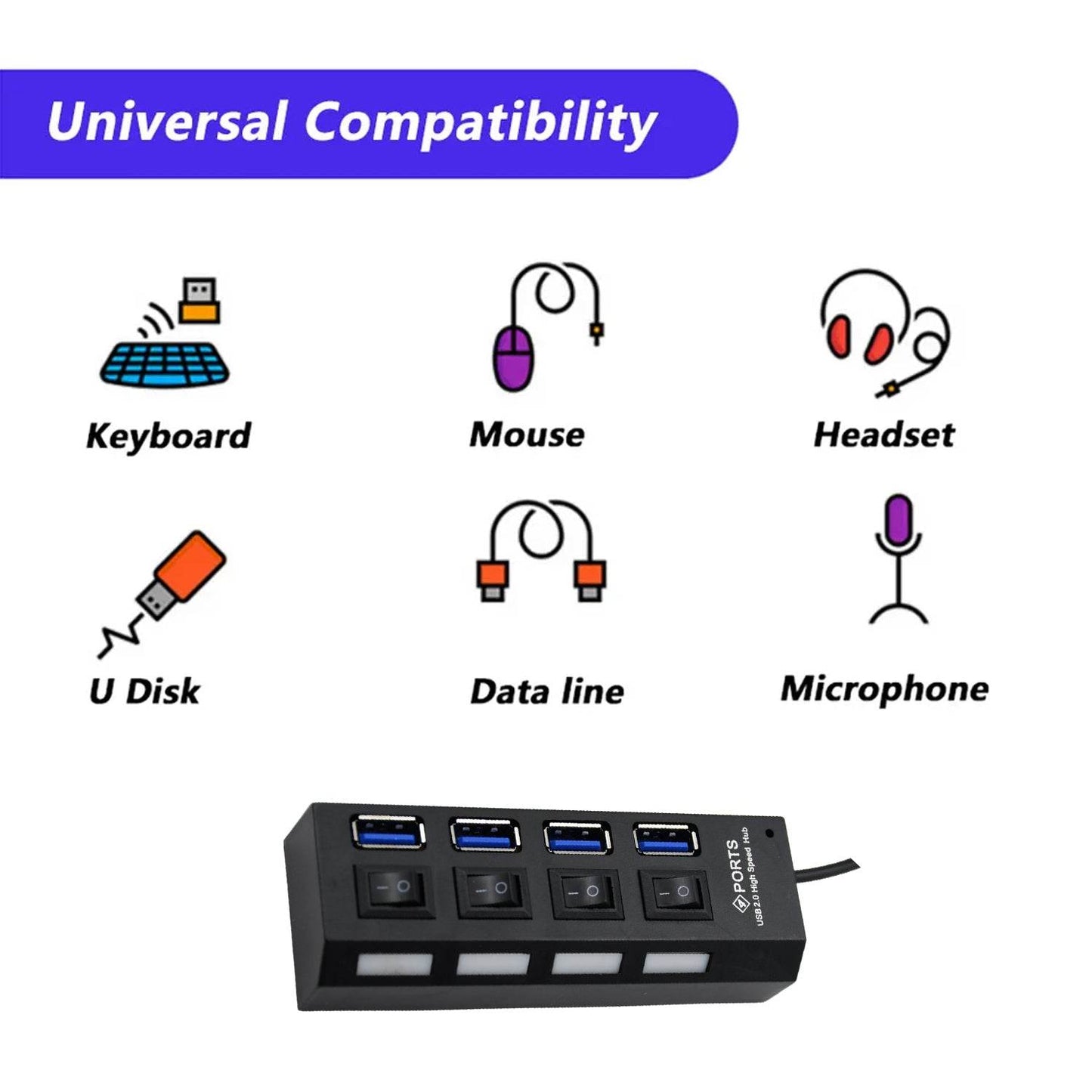 4 Port USB, HUB USB 2.0 HUB Splitter High Speed with On/Off Switch Multi LED Adapter Compatible with Tablet Laptop Computer Notebook - infinityexculsivestore.com