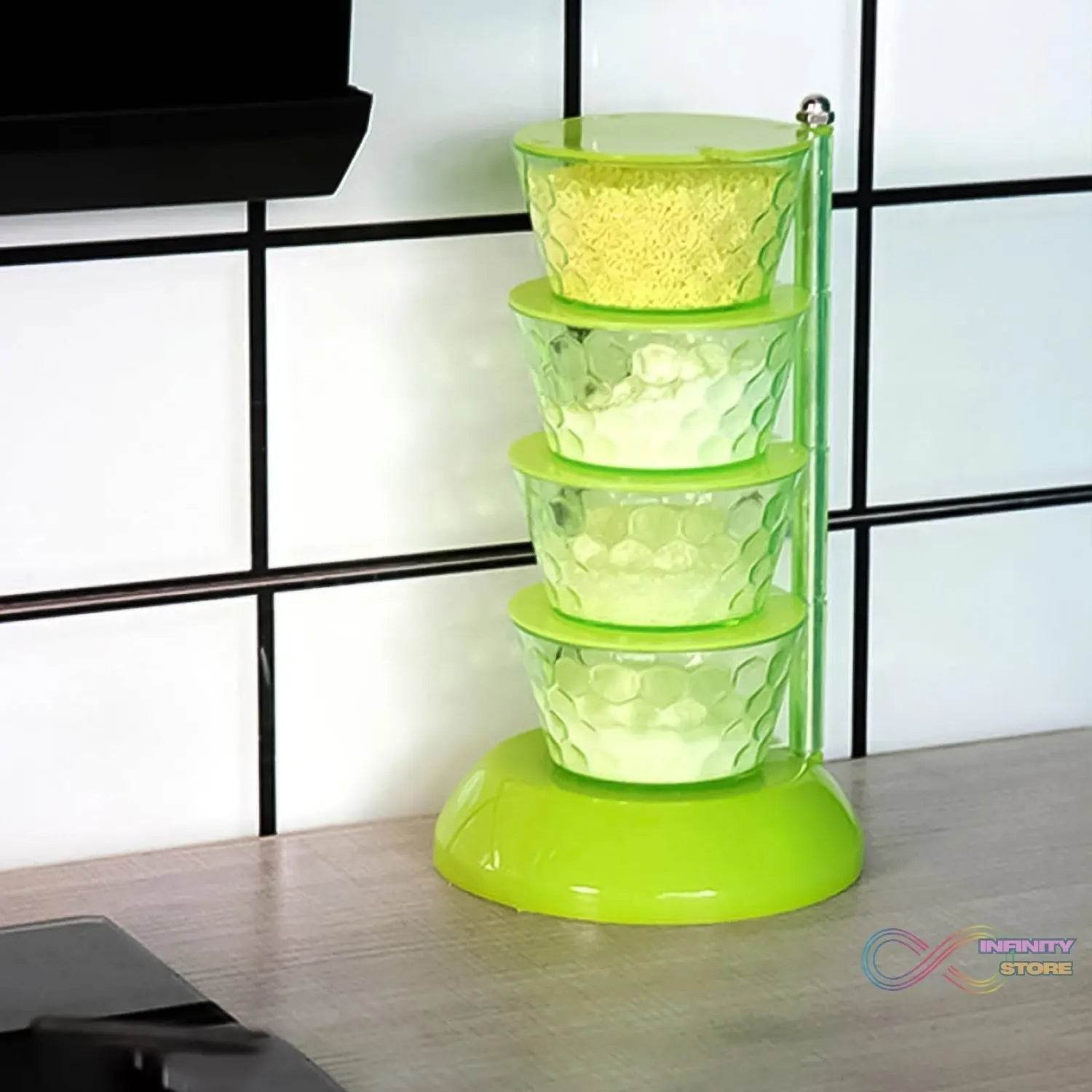 4 Section 360° Rotating Vertical Seasoning Box Plastic Pickle Tower | Spice Rack (4 Layer with 4 Plastic Spoon / 1 Set) - infinityexculsivestore.com