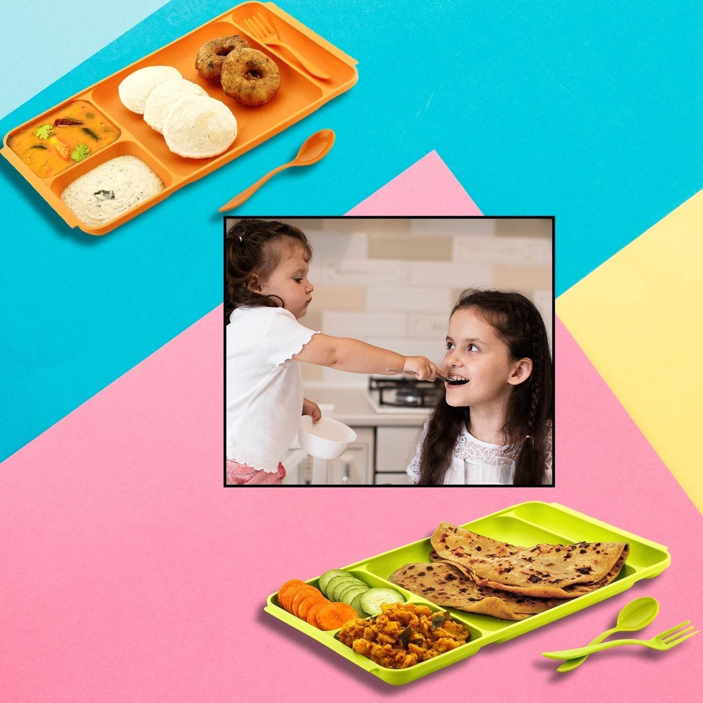 4Compartment Dish with Spoon and Fork(1 Dish Set with 1Spoon and 1Fork) Dinner Plate Plastic Compartment Plate Pav Bhaji Plate 4 - Compartments Divided Plastic Food Plate. - infinityexculsivestore.com