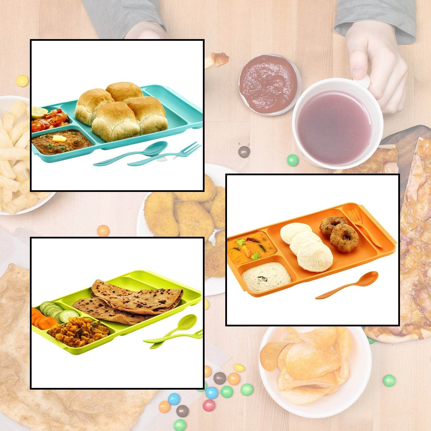 4Compartment Dish with Spoon and Fork(1 Dish Set with 1Spoon and 1Fork) Dinner Plate Plastic Compartment Plate Pav Bhaji Plate 4 - Compartments Divided Plastic Food Plate. - infinityexculsivestore.com