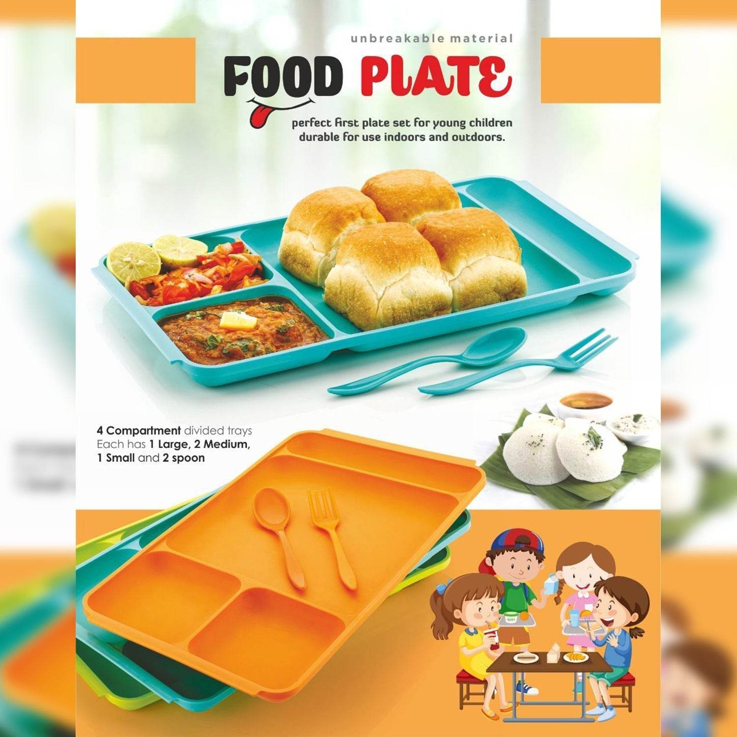 4Compartment Dish with Spoon and Fork(1 Dish Set with 1Spoon and 1Fork) Dinner Plate Plastic Compartment Plate Pav Bhaji Plate 4 - Compartments Divided Plastic Food Plate. - infinityexculsivestore.com